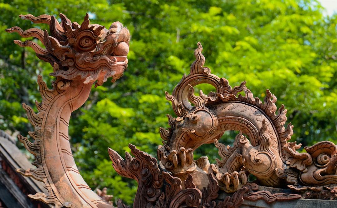 A close up of a dragon statue with trees in the background from Aoi on Unsplash